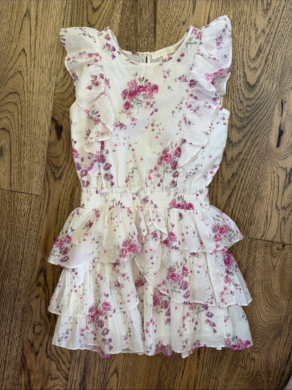 LoveShackFancy Gorgeous White Dress with Pink Floral Ruffle Details